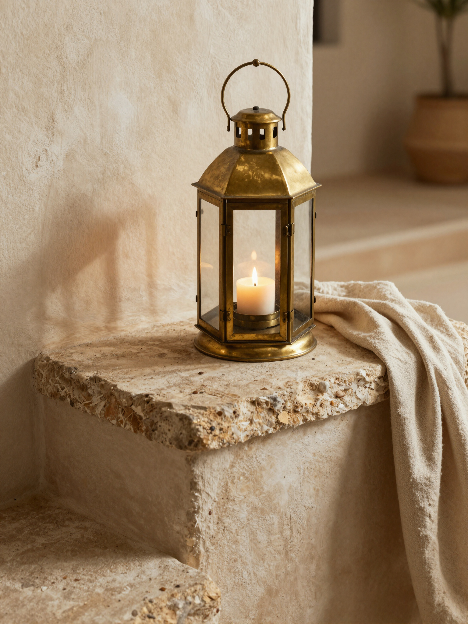 A brass lantern with a lit candle resting on stone steps