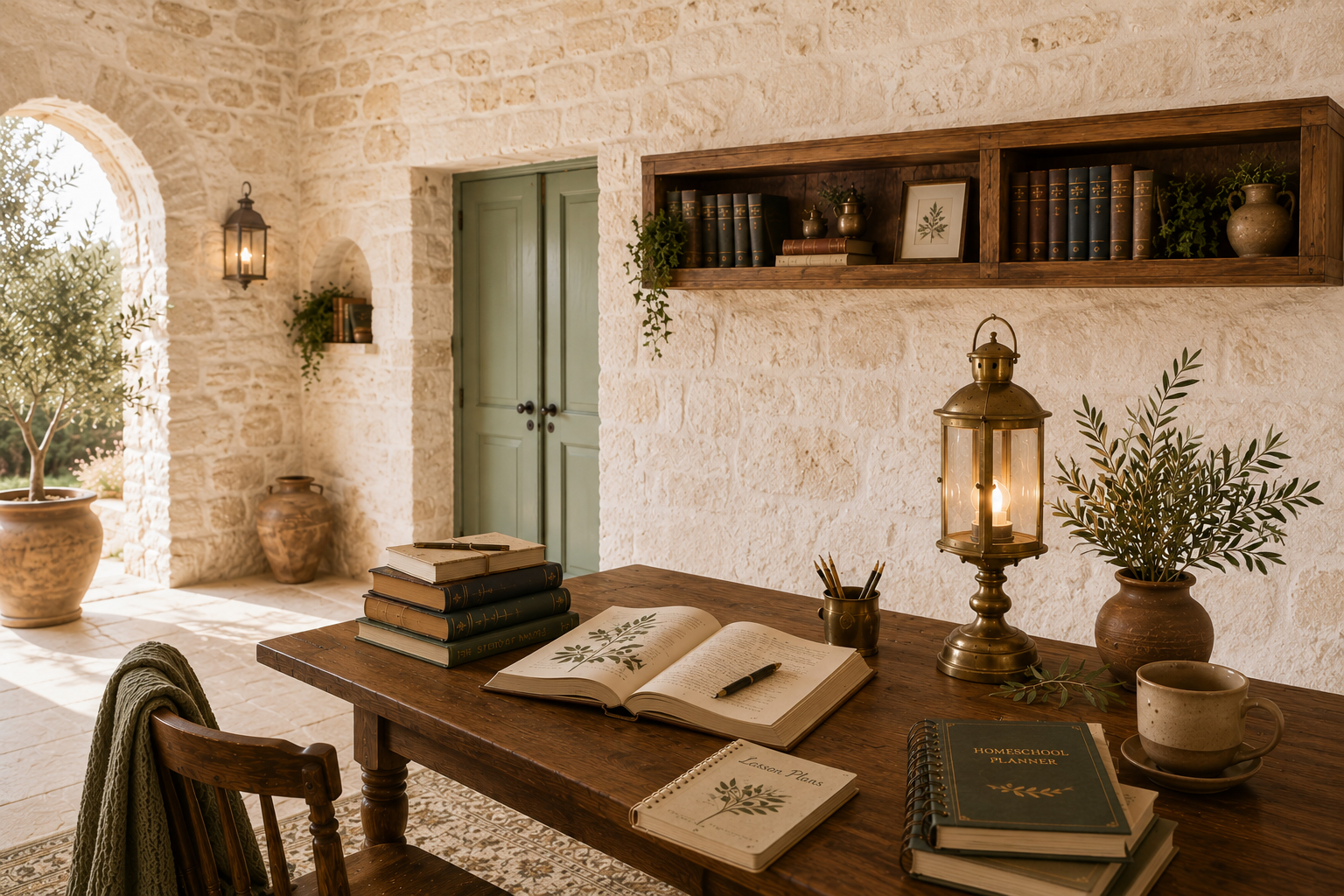 A rustic wooden desk with books, journals, and a brass lantern in a sunlit stone room