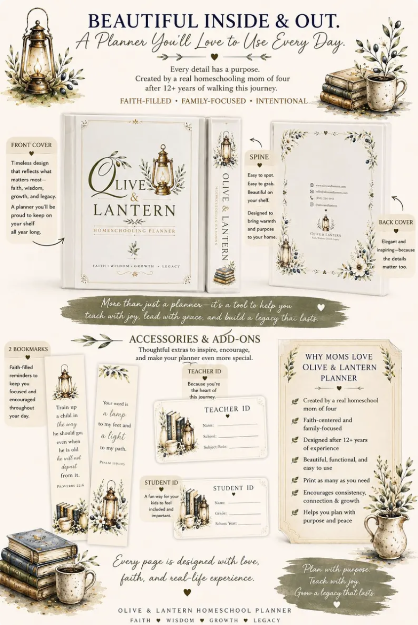 The Olive and Lantern Homeschool Planner — front cover, spine, back cover, bookmarks, and ID cards